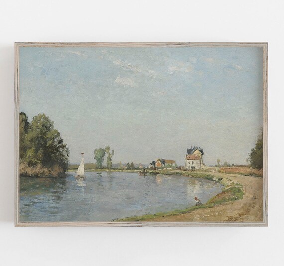 Vintage River Landscape Art Print, Neutral Decor