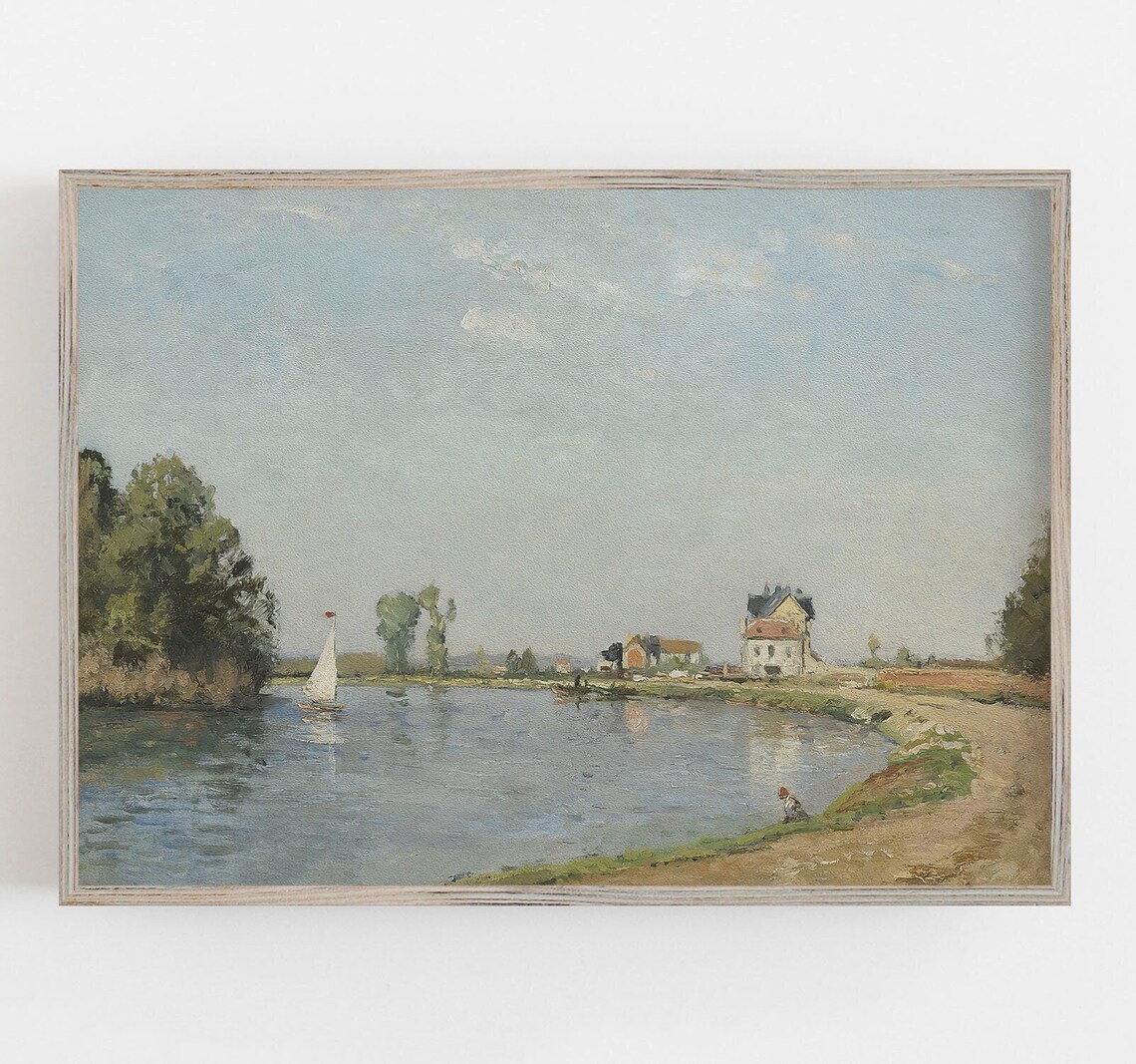 Vintage River Landscape Art Print, Neutral Decor