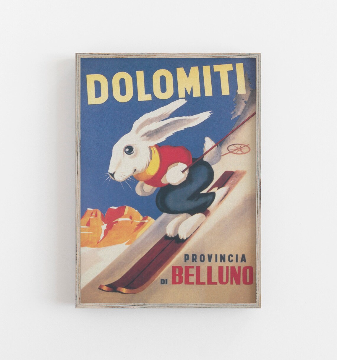 Dolomiti Vintage Ski Poster Rabbit Skier Belluno Retro Italian Winter Print
