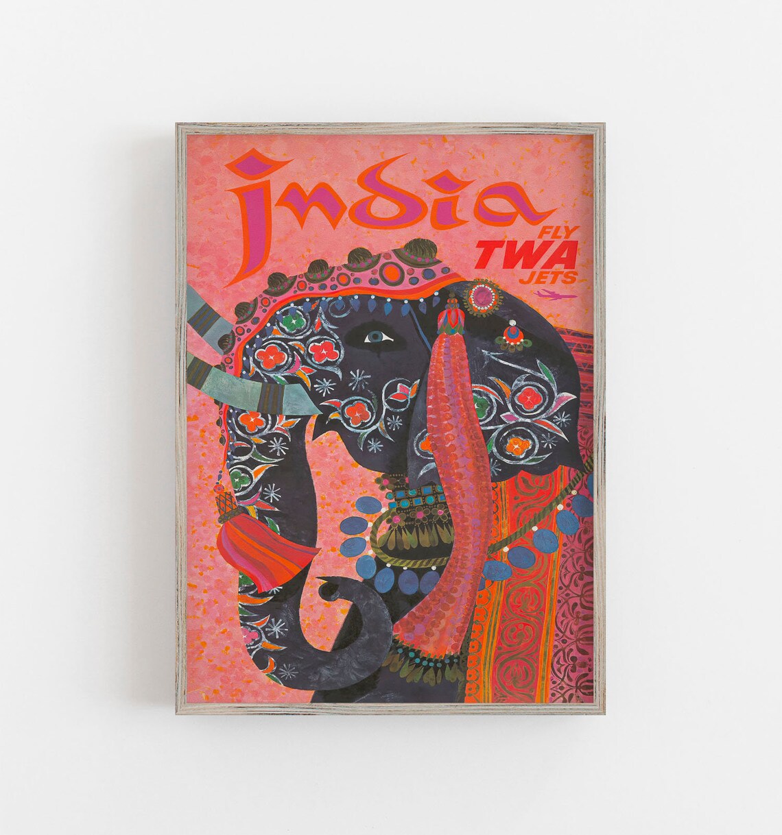 India Elephant Vintage Travel Poster, Asia Art Print