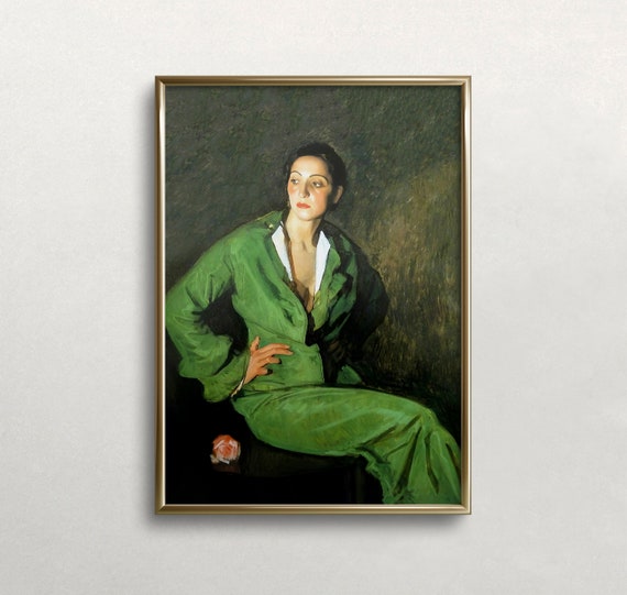 Woman Portrait Vintage Art Print, Moody Emerald Green