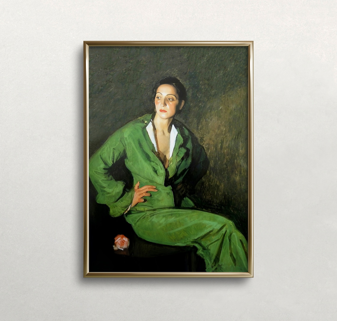 Woman Portrait Vintage Art Print, Moody Emerald Green