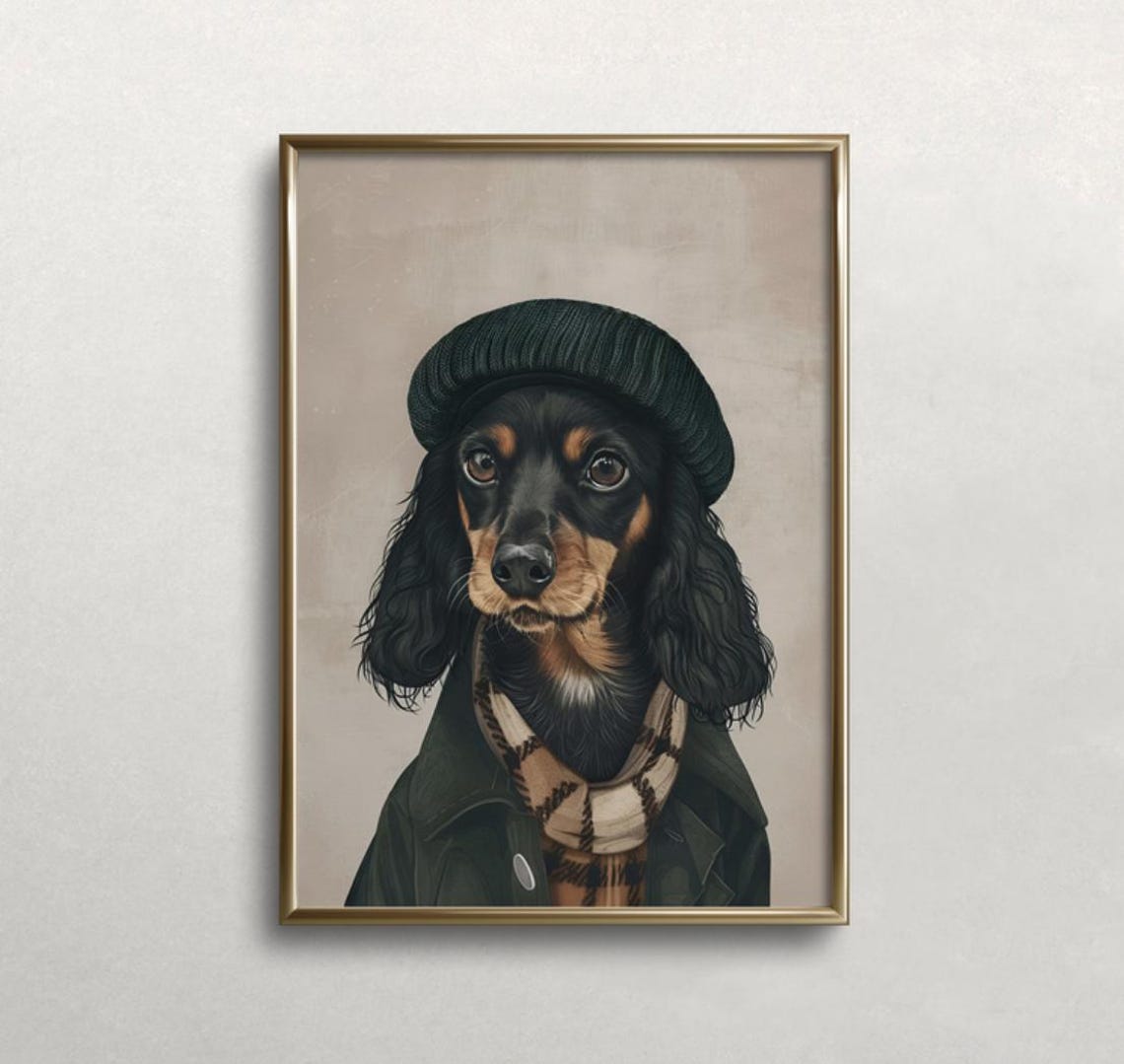 Dachshund Wall Art Dog Wall Art Dog Wearing Beret Black Dachshund Art Funny Art Dark Colors Wall Art