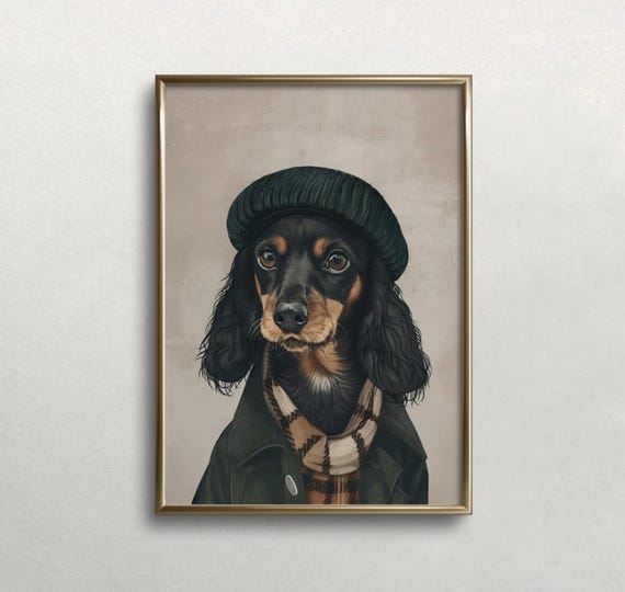 Dachshund Wall Art Dog Wall Art Dog Wearing Beret Black Dachshund Art Funny Art Dark Colors Wall Art