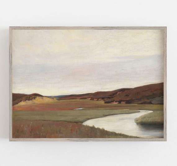 River Landscape Art Vintage Wall Art Muted Neutral Colors Antique Wall Decor Landscape Art Wall Art 18