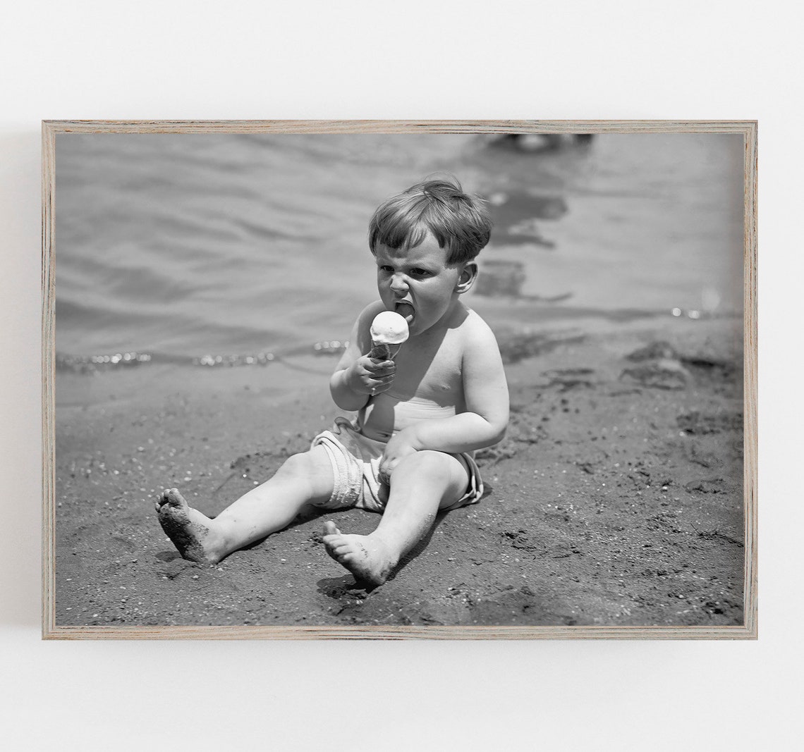 Little Boy Eating Ice Cream Beach Vintage Black White Photo Art Print
