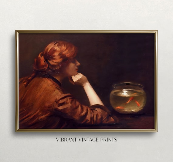 Woman Gazing Goldfish Bowl Moody Dark Academia Portrait Wall Art