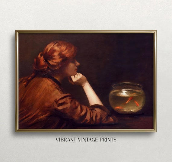 Woman Portrait Goldfish In Bowl Vintage Wall Art Dark Moody Colors Antique Wall Decor Wall Art 485