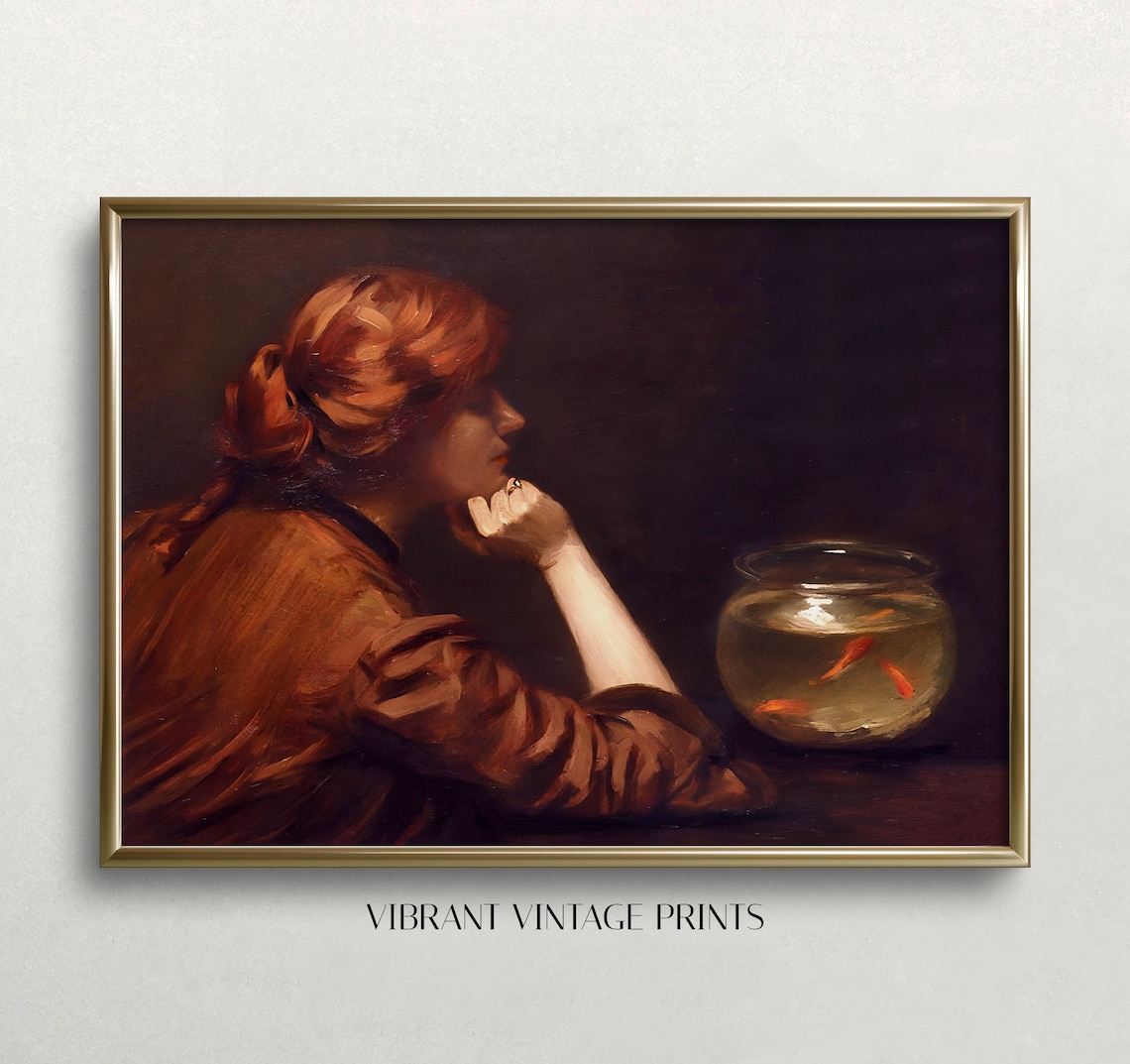 Woman Gazing Goldfish Bowl Moody Dark Academia Portrait Wall Art