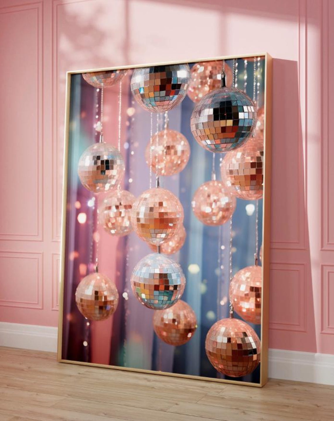 Rose Gold Disco Balls Hanging Against Pink Blue Backdrop Party Poster - Image 3