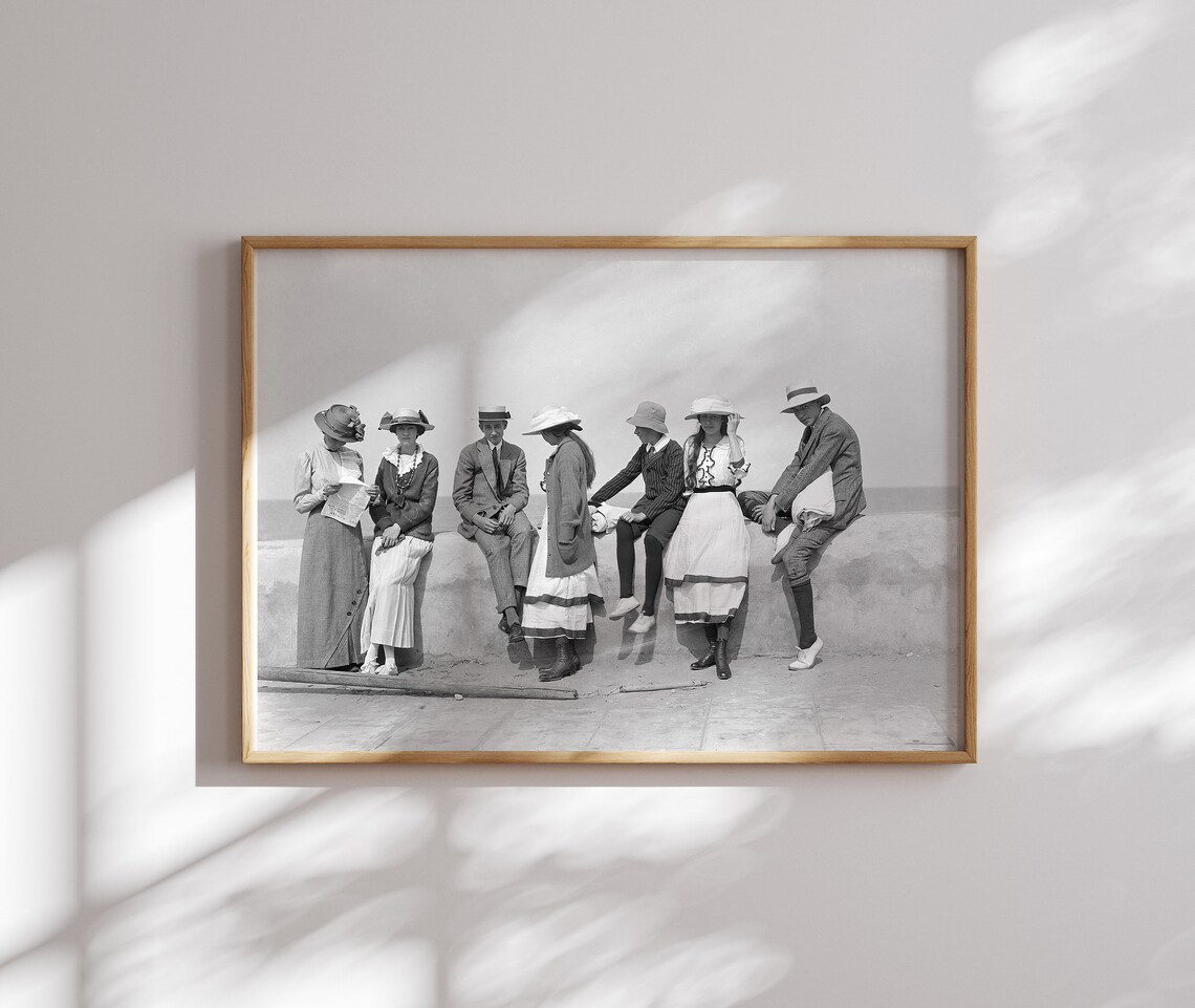 Vintage Group of Young People at Seawall Black and White Photo Poster - Image 5