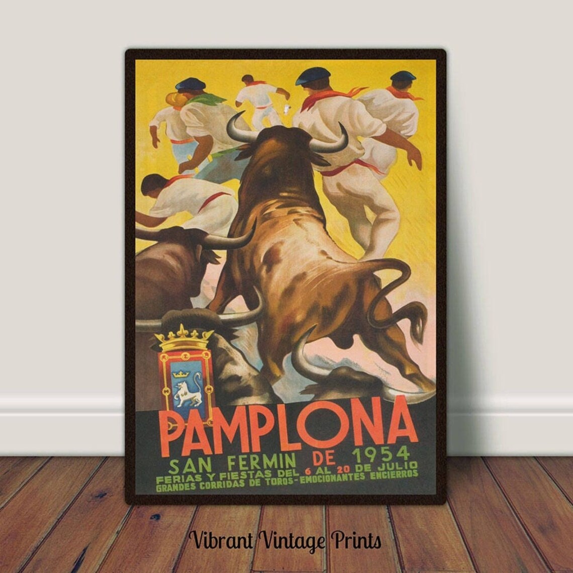 Pamplona Spain Vintage Travel Poster, Running of the Bulls