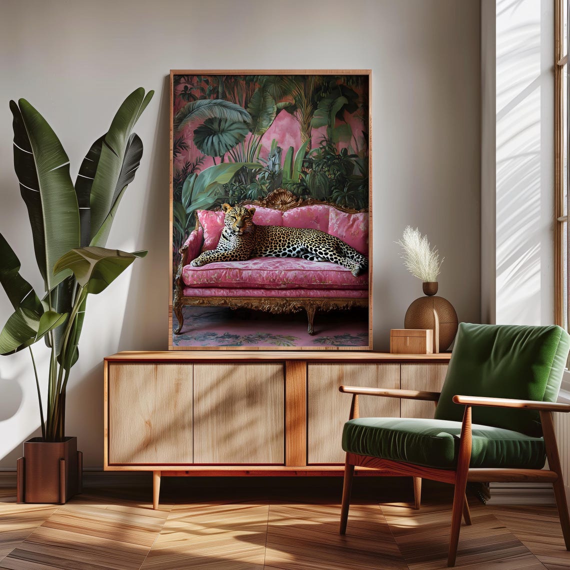 Leopard Lounging on Pink Velvet Couch Tropical Maximalist Photo Poster - Image 4