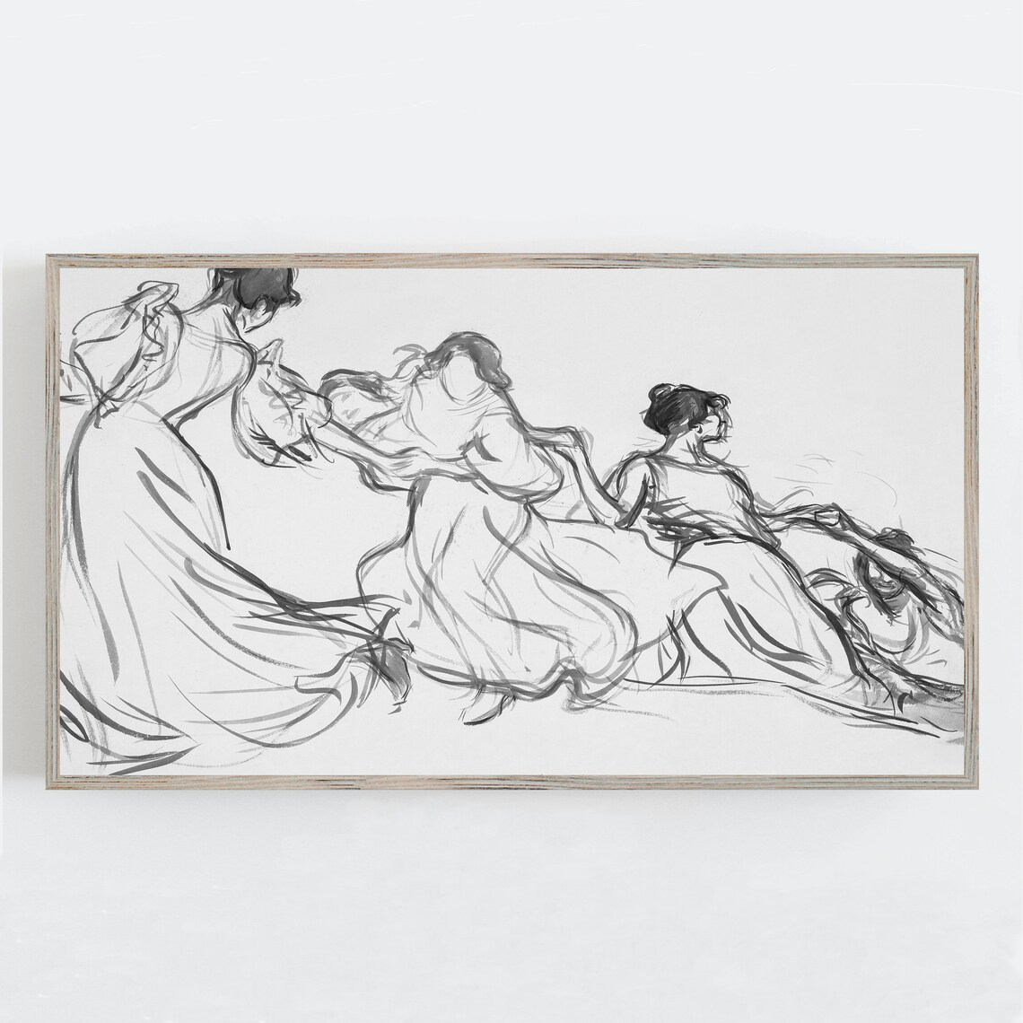 Vintage Sketch of Three Dancing Women Black and White Figurative Print