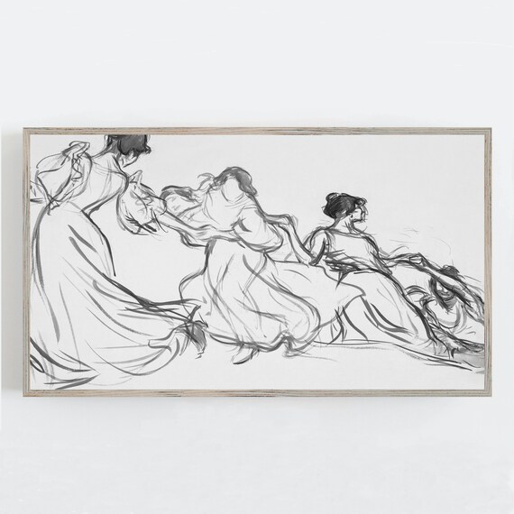 Vintage Sketch of Three Dancing Women Black and White Figurative Print