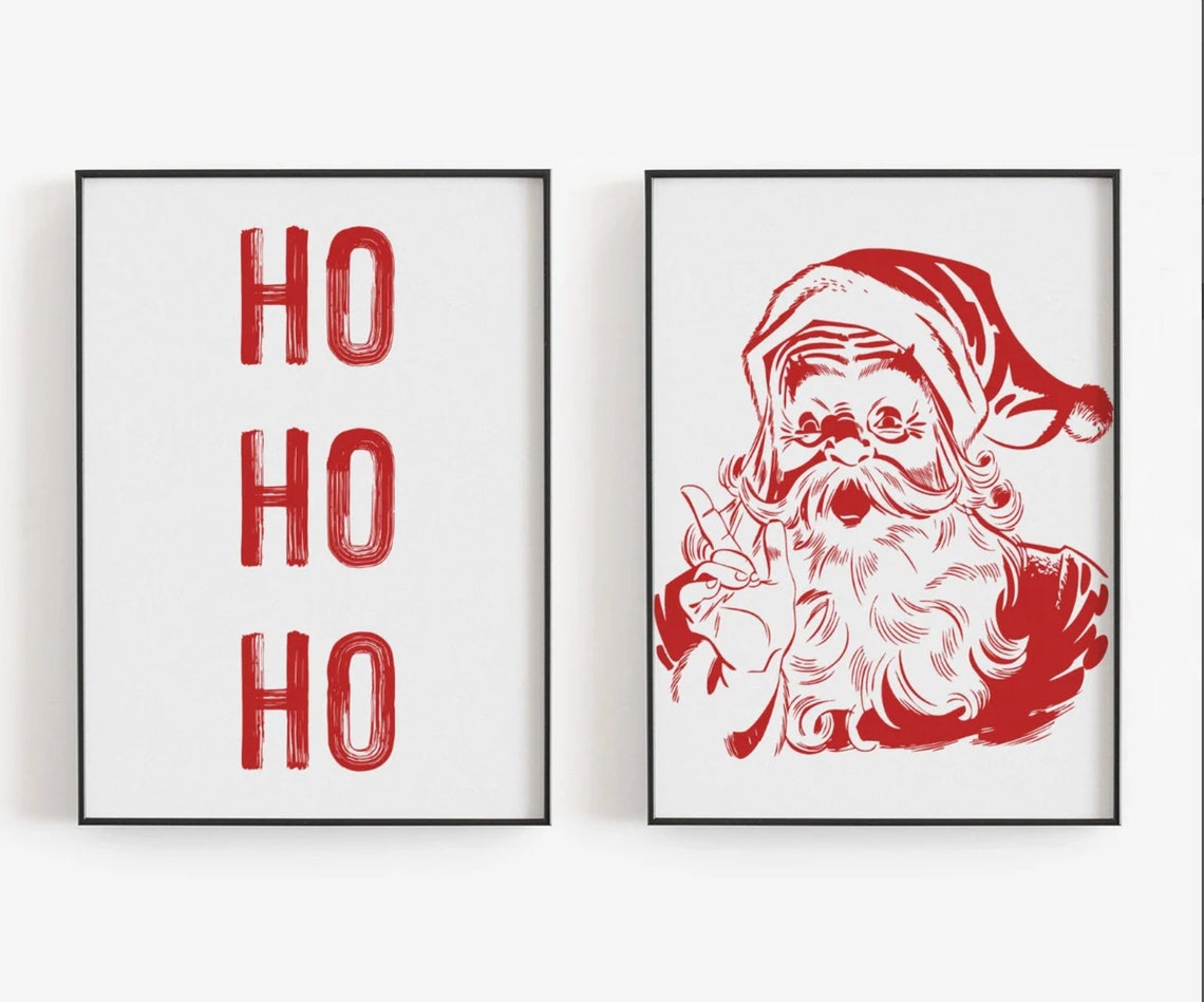 Ho Ho Ho And Retro Santa Face Red Christmas Duo Wall Art Set