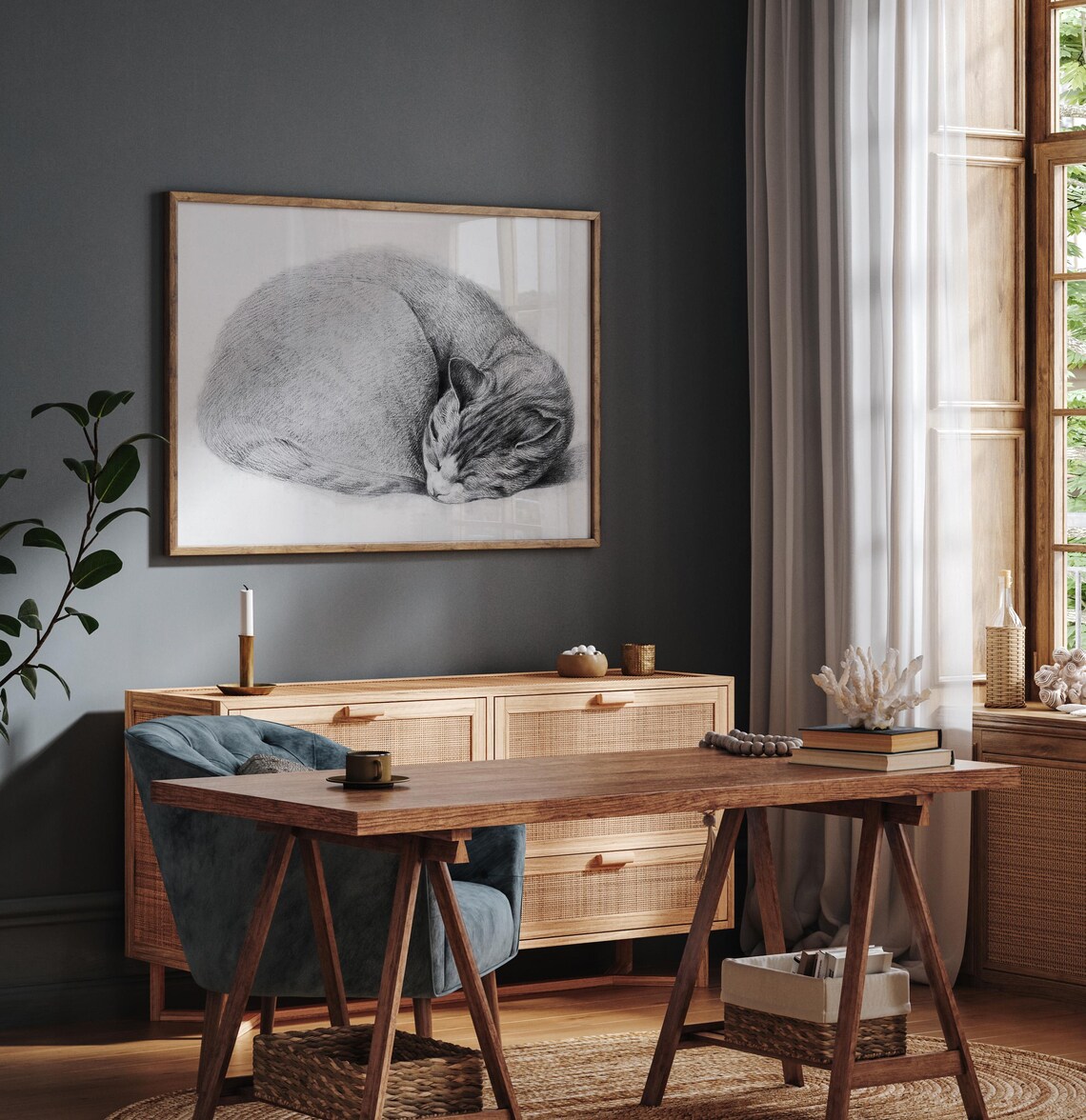 Sleeping Cat Vintage Etching Art Print - Image 2