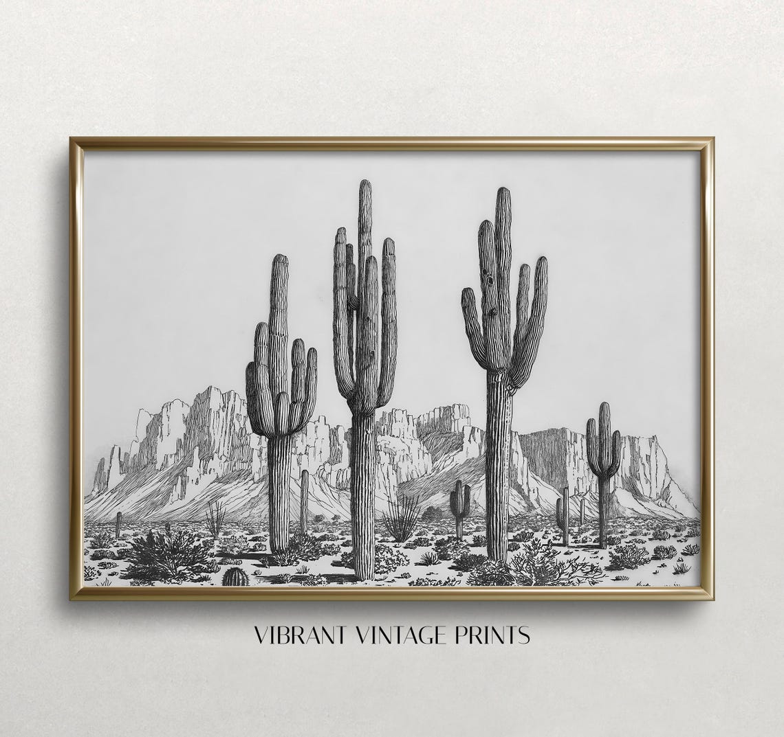 Saguaro Cacti Desert Mountains Black And White Ink Drawing Poster - Image 3