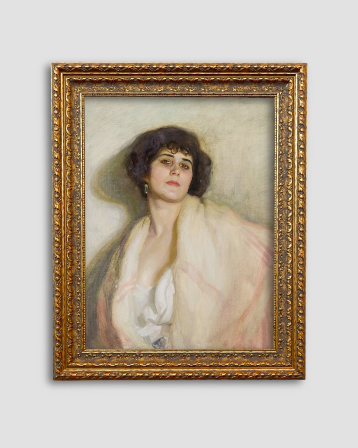 Woman Portrait with Dark Curls and White Shawl Muted Vintage Painting Poster - Image 2