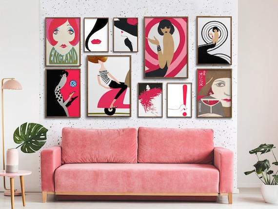 Pink Retro Fashion Women Gallery Wall Art Set Vintage Pink Decor