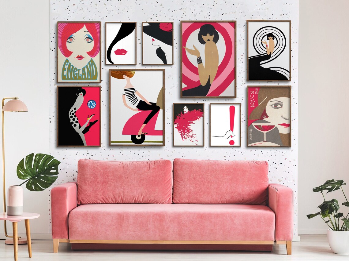 Pink Retro Fashion Women Gallery Wall Art Set Vintage Pink Decor