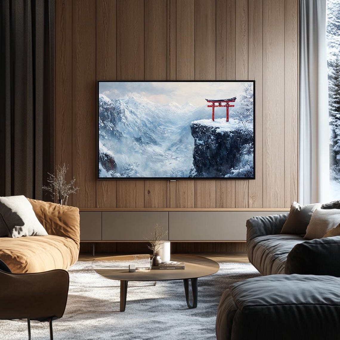 Solitary Red Torii Gate on a Snowy Cliff Overlooking Peaks Poster - Image 3