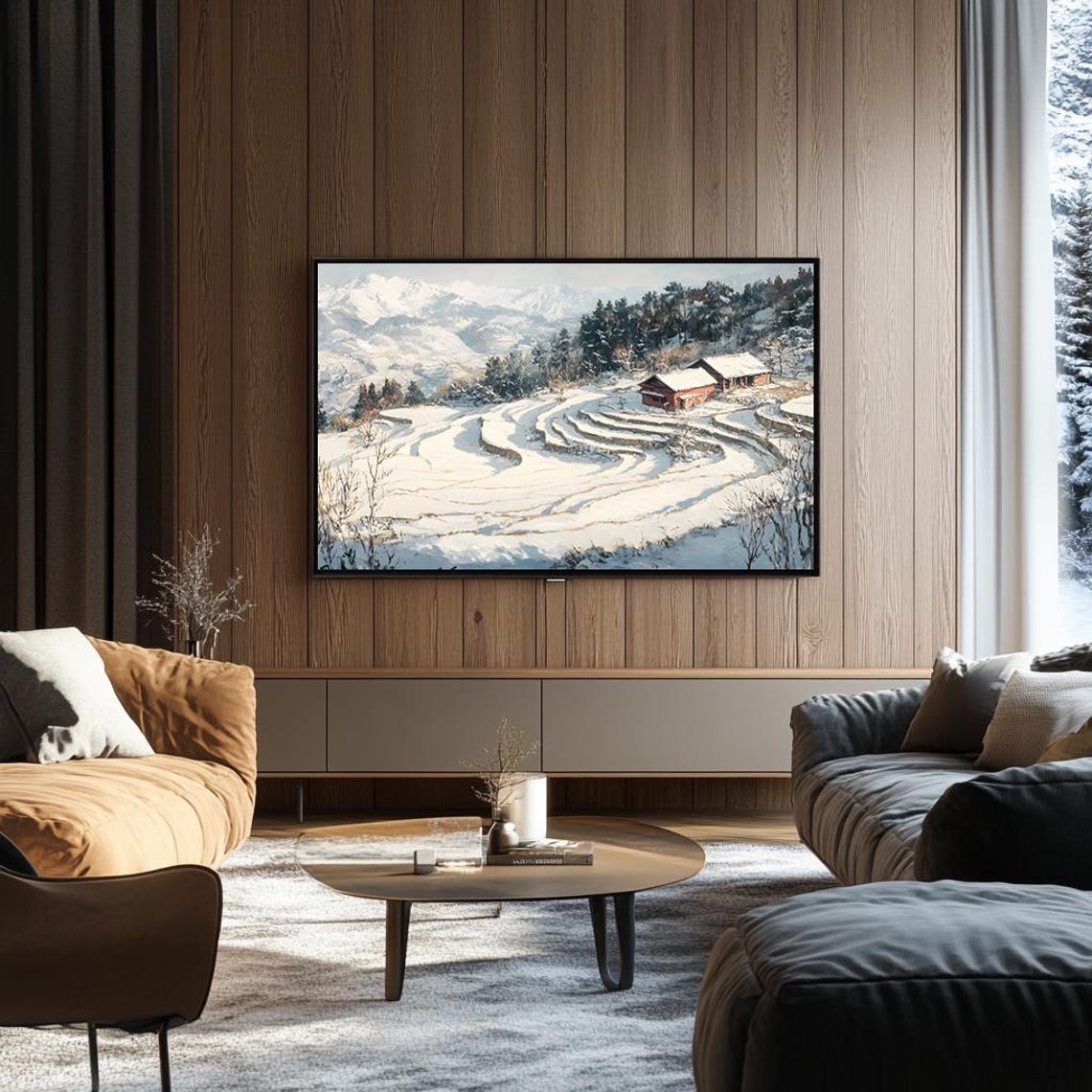 Snow Covered Terraced Hillside with Red Barns Winter Farm Poster - Image 3