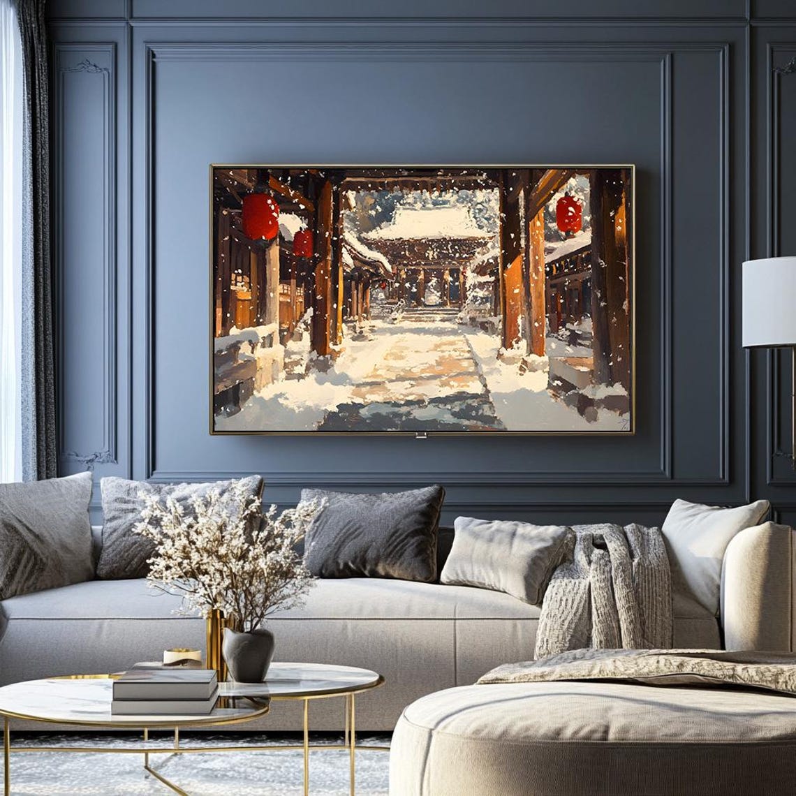 Snowy Temple Corridor with Red Lanterns Japanese Courtyard Poster - Image 2