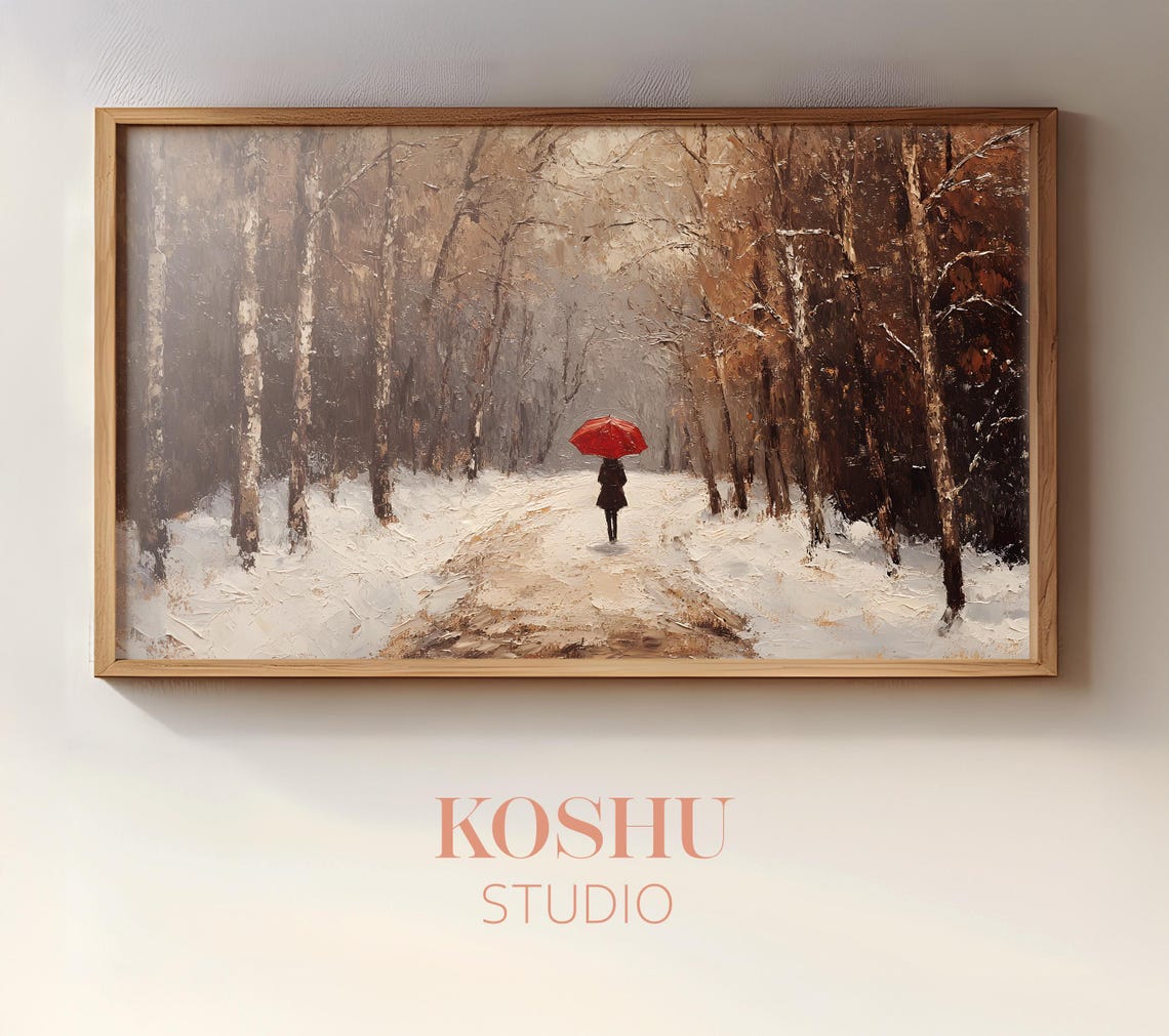 Woman with Red Umbrella Walking a Snowy Birch Forest Path Poster
