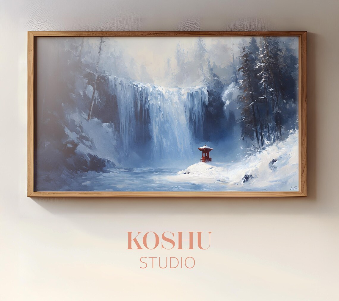 Snowy Frozen Waterfall and Red Pagoda Japanese Winter Landscape Poster