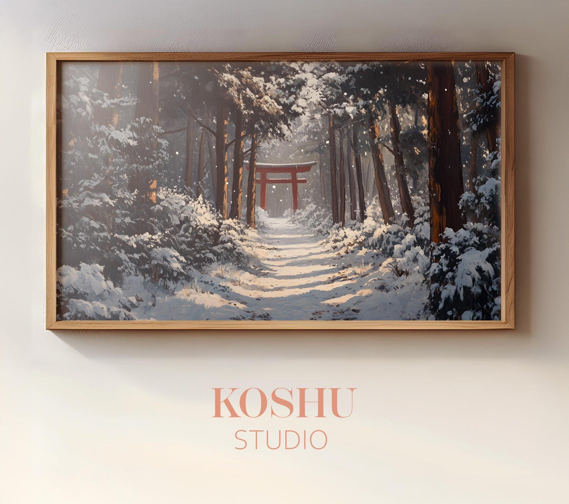 Red Torii Gate on a Snowy Forest Path Japanese Winter Art Poster