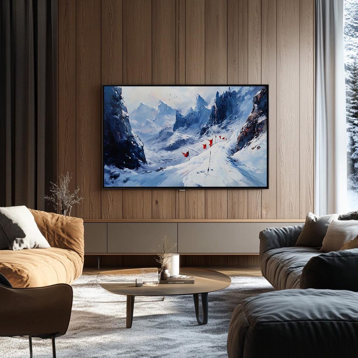 Windblown Snowy Mountain Pass with Red Trail Flags Alpine Poster - Image 3