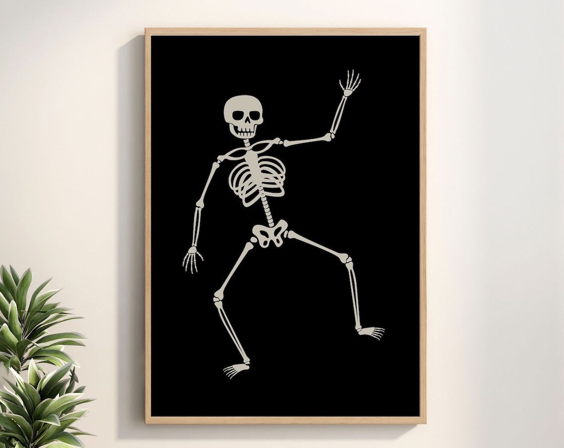 Dancing Skeleton Halloween Poster Minimalist Funny Black Background Art