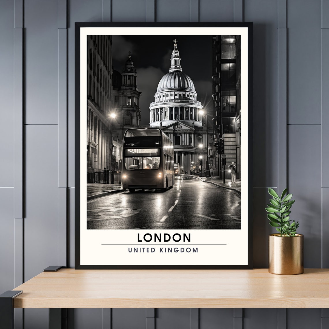 London United Kingdom Saint Pauls Cathedral Night Bus Poster