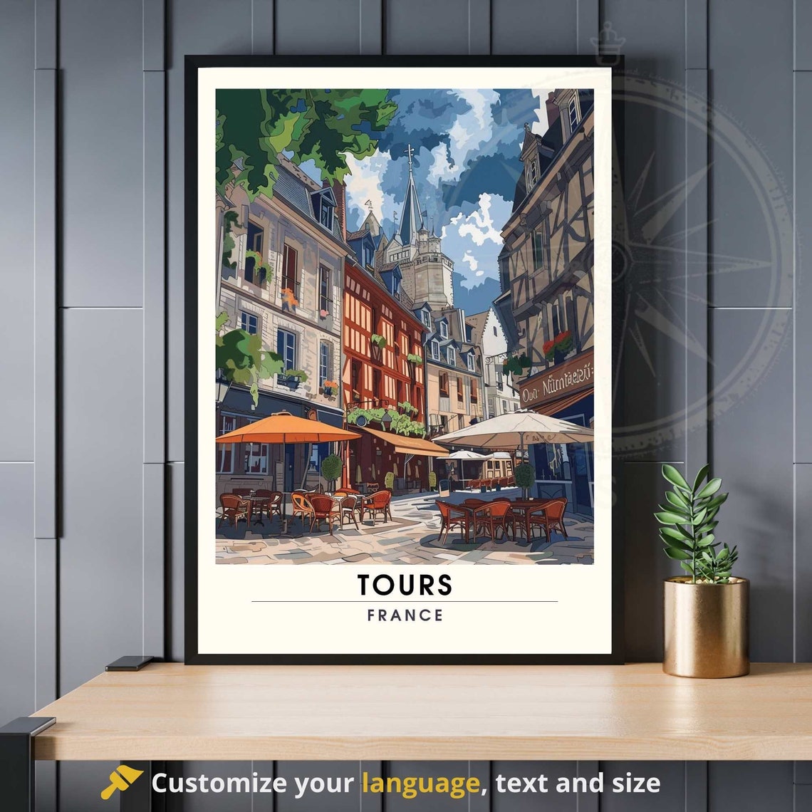 Tours France Old Town Cafe Square Cobblestone Street Travel Poster