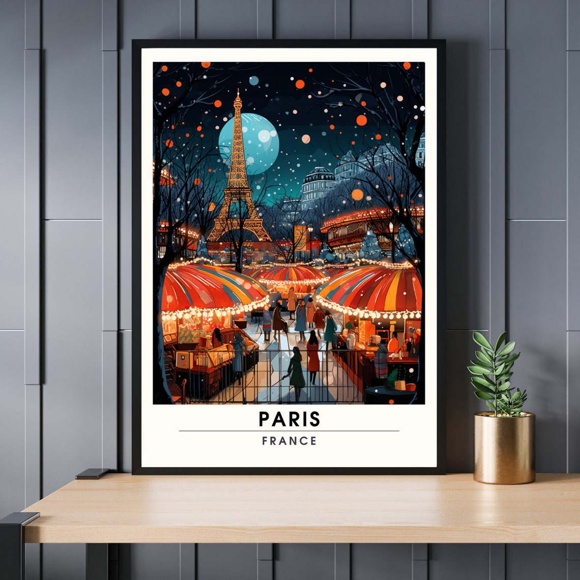 Paris France Poster Night Christmas Market Eiffel Tower Moonlight Art