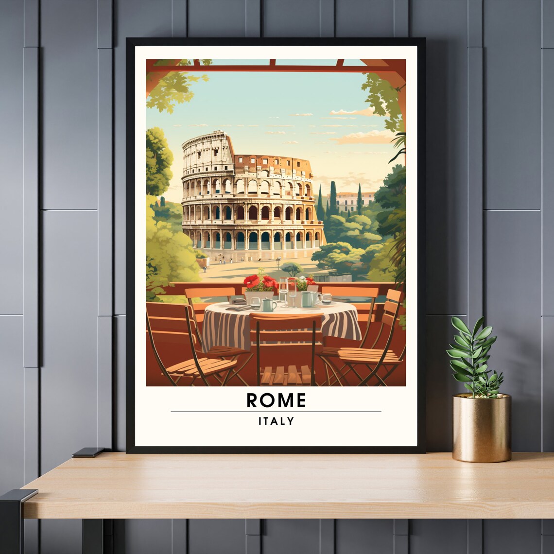 Rome Italy Colosseum Vintage Cafe Terrace Travel Souvenir Poster