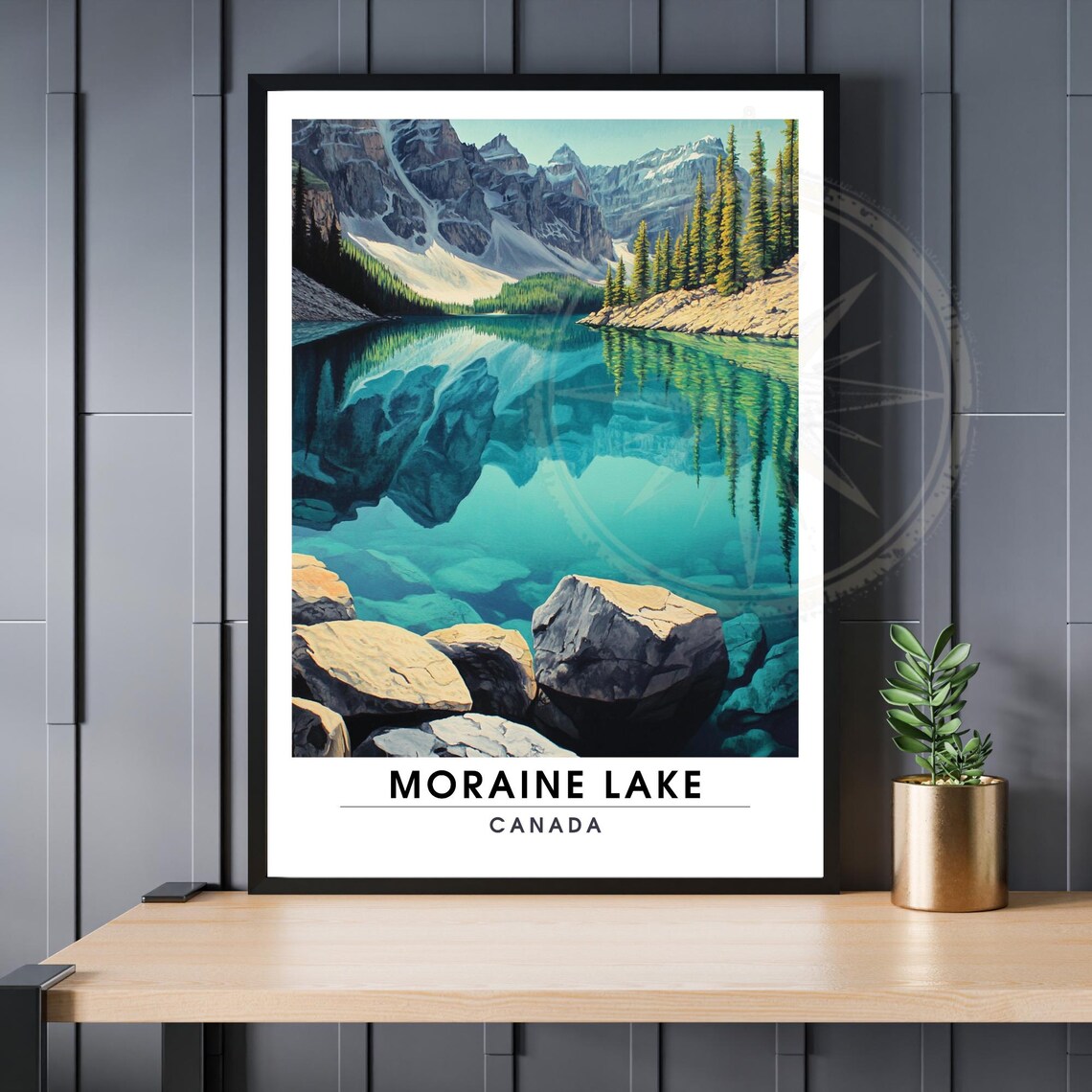 Moraine Lake Canada Travel Poster Turquoise Reflection Mountain Peaks Art