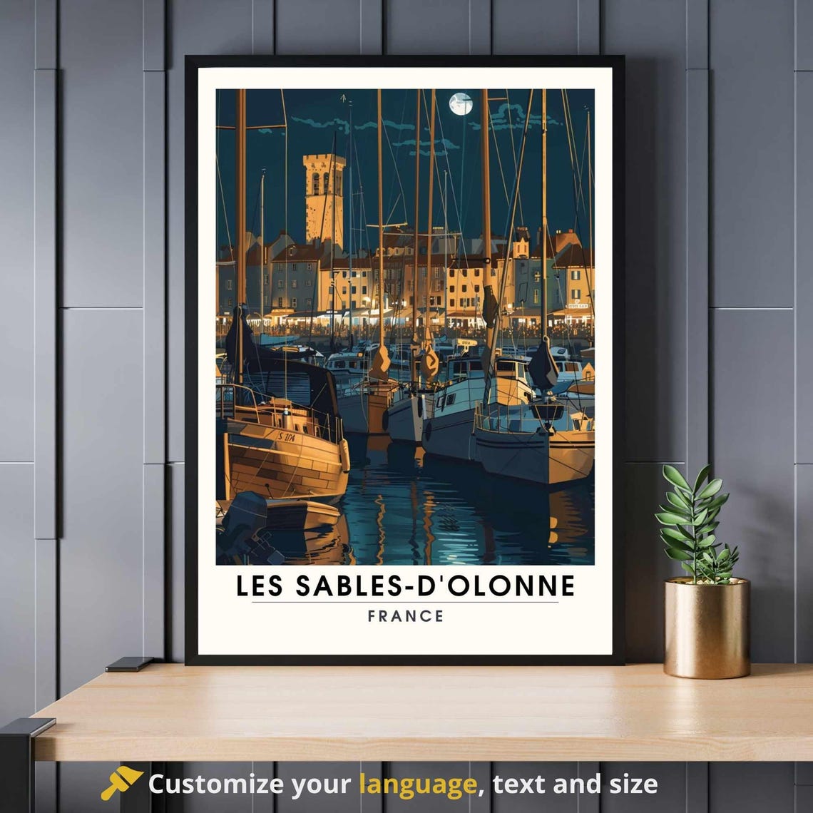 Les Sables dOlonne France Night Harbor Travel Poster Moonlit Marina
