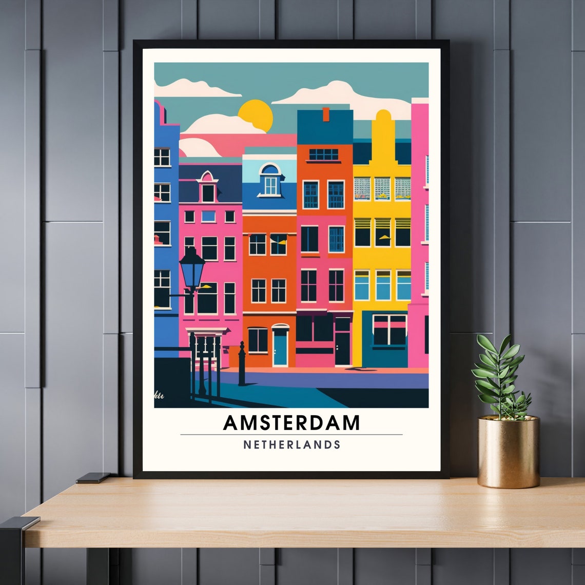 Amsterdam Netherlands Colorful Canal Houses Pop Art Travel Poster