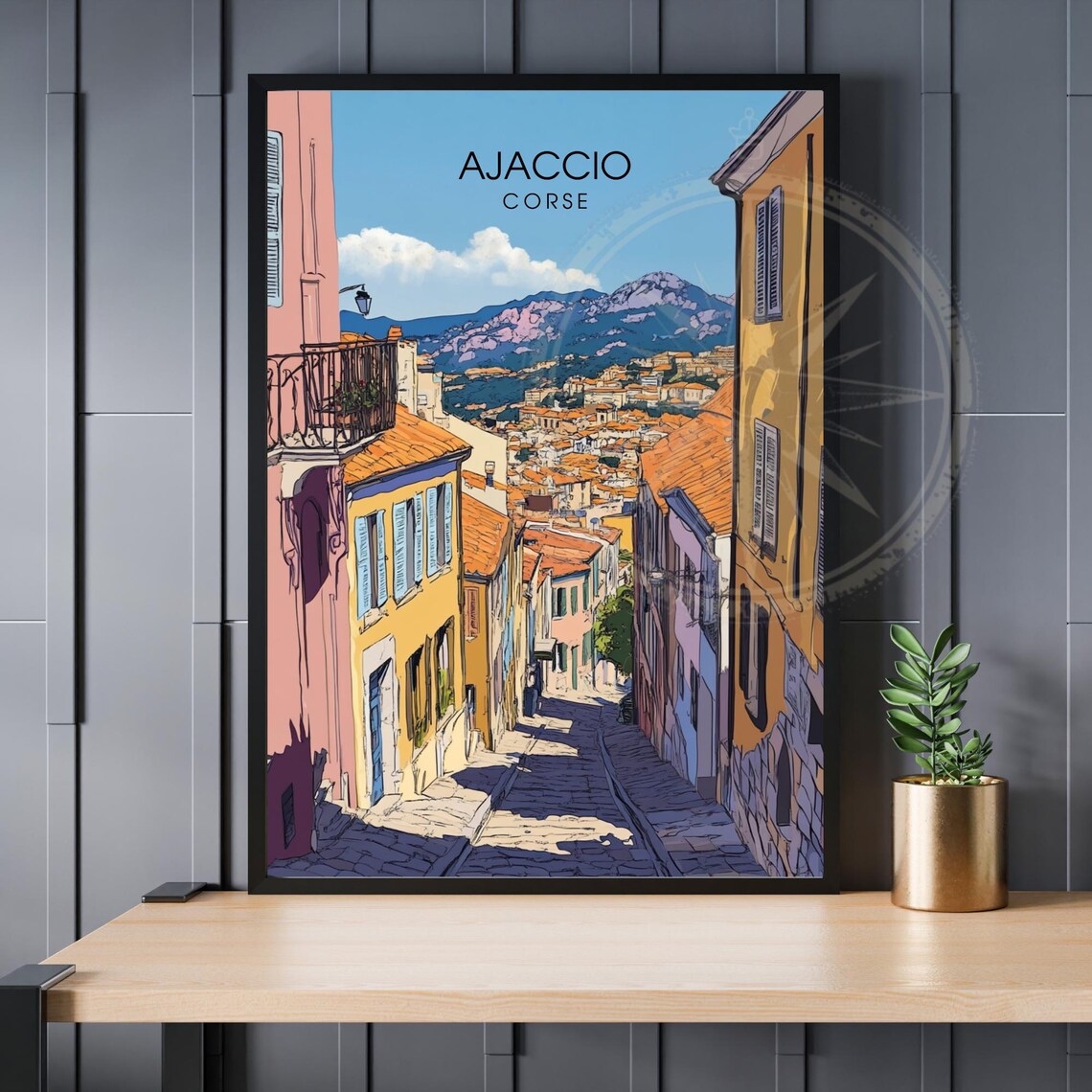 Ajaccio Corse Old Town Cobblestone Street Colorful Travel Art Poster