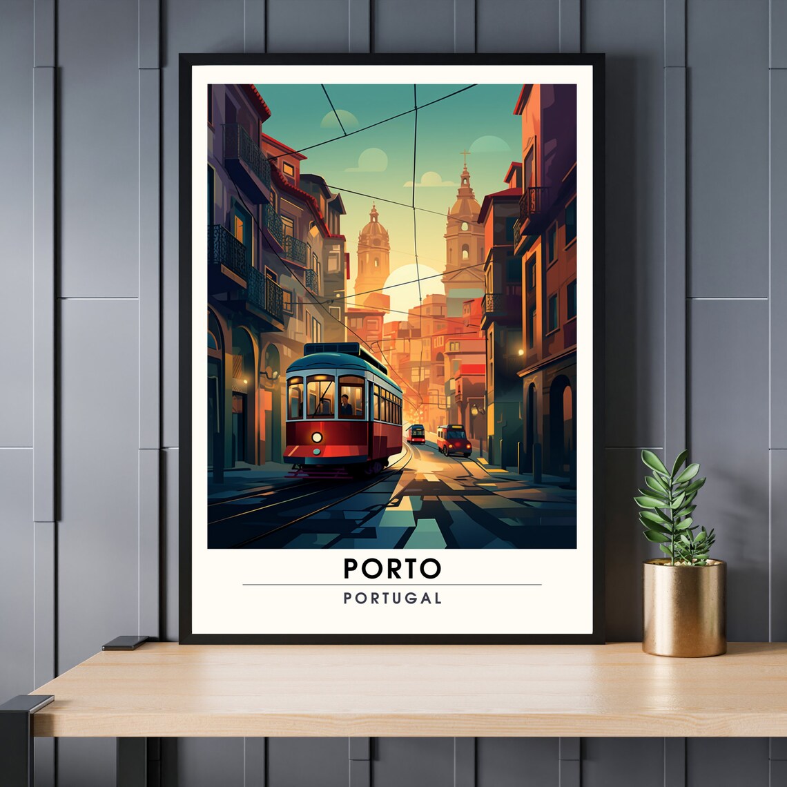 Porto Portugal Vintage Red Tram Street Sunset City Travel Poster