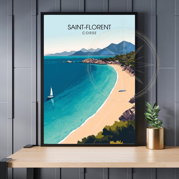 Saint-Florent Corse Beach Bay Sailboats Rocky Coast Travel Poster