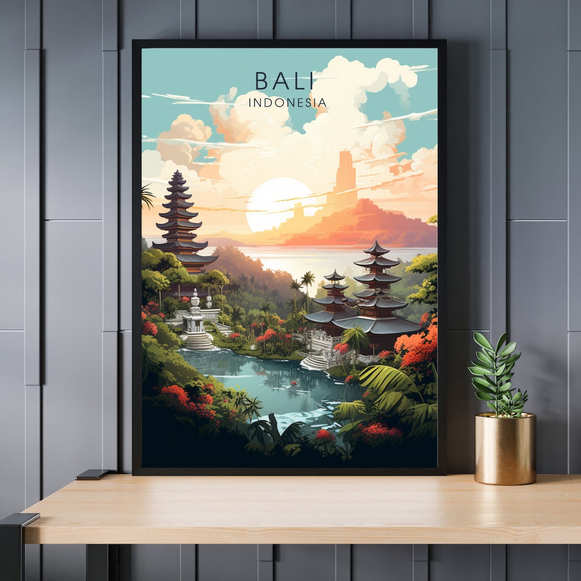 Bali Indonesia Sunset Temple Travel Art Print Tropical Island Decor