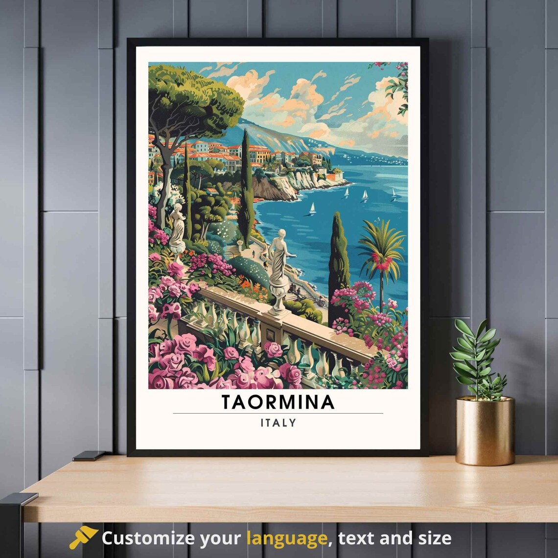 Taormina Italy Flower Terrace Coastal View Sicily Travel Poster