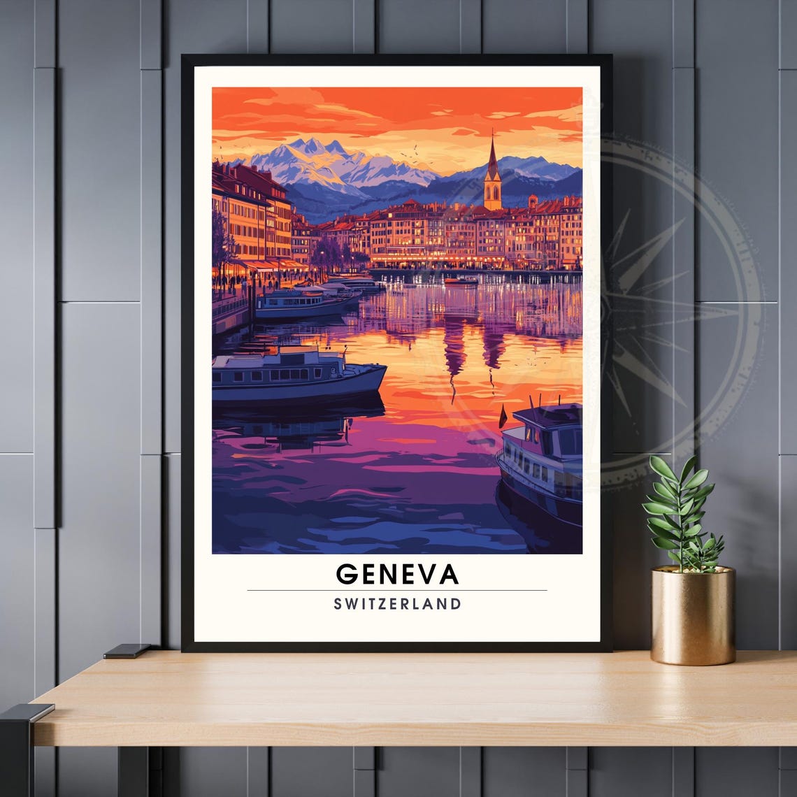 Geneva Sunset Harbor Boats Old Town Glow Switzerland Travel Poster