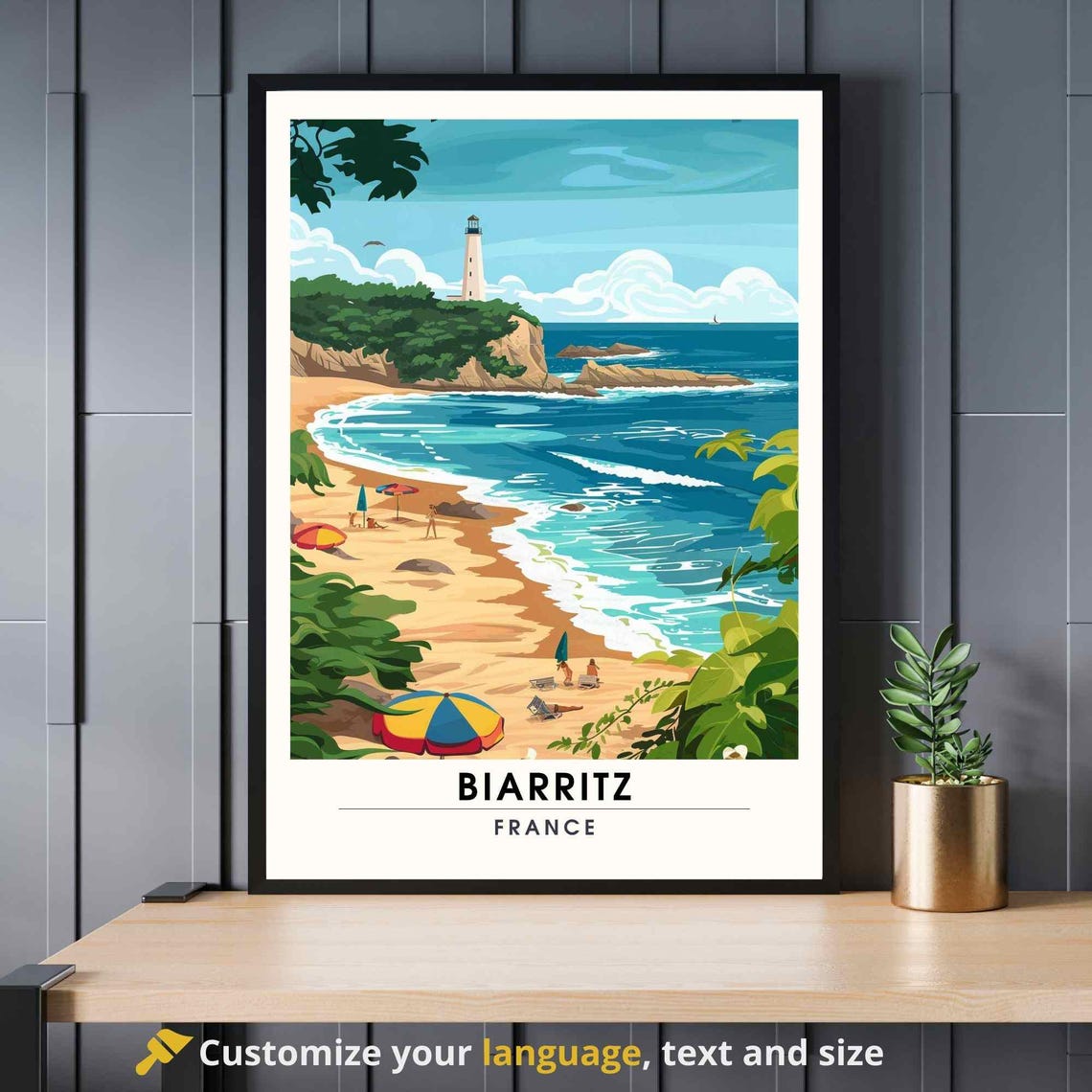 Biarritz France Lighthouse Cliffs Colorful Beach Umbrellas Poster