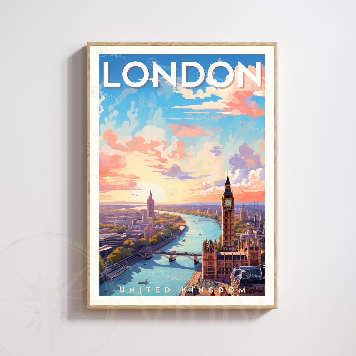 London England Big Ben Thames Sunset Aerial View Travel Poster