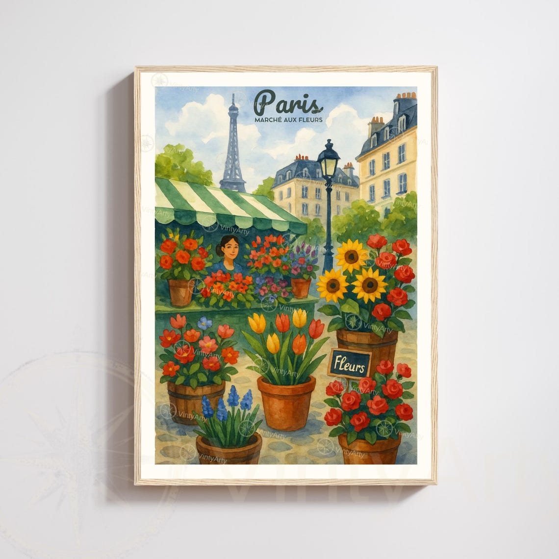 Paris Flower Market Watercolor Travel Poster Eiffel Tower Fleurs Art
