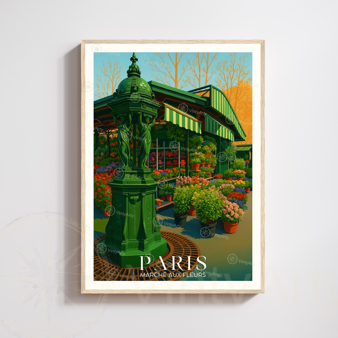 Paris Wallace Fountain Flower Market Travel Poster Marche Aux Fleurs